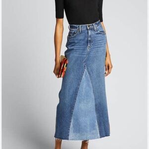 KHAITE Magdalena Reconstructed Long Skirt in Two-Tone Denim, Size 29